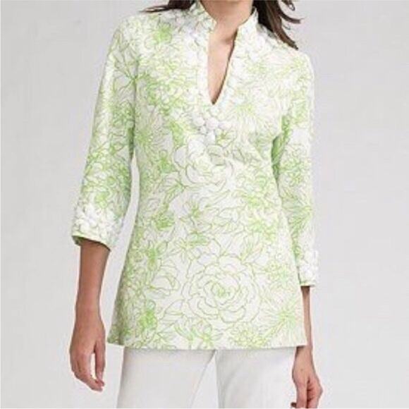 Lilly Pulitzer Tops - Lilly Pulitzer Newbury Draw the Line Green Floral Beaded Tunic Top 4